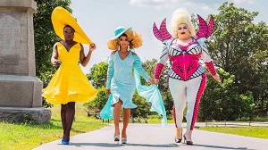 Eureka, Shangela and Bob the Drag Queen walking down the street in full drag in We're Here from HBO