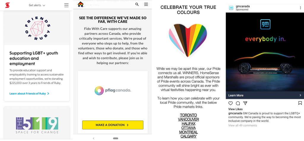composite showing screenshots of 4 companies posts about Pride Month: GM, Fido, Scotiabank and TJX/Winners/Homesense