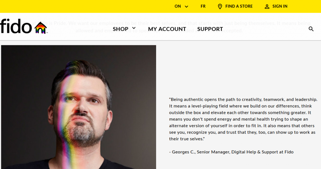 screenshot of Fido's website featuring an employee quote