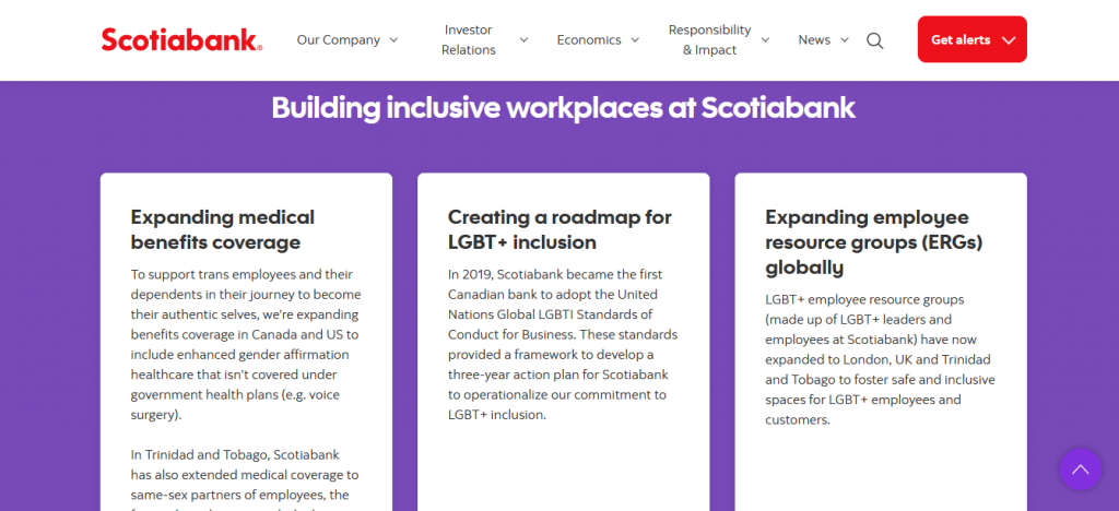 screenshot of Scotiabank's website with 2SLGBTQIA benefits and policies